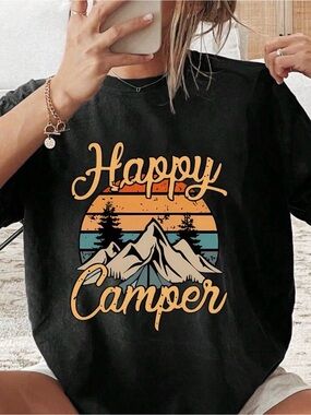 SHEIN Black "Happy Camper" Graphic Tee in Orange and Teal